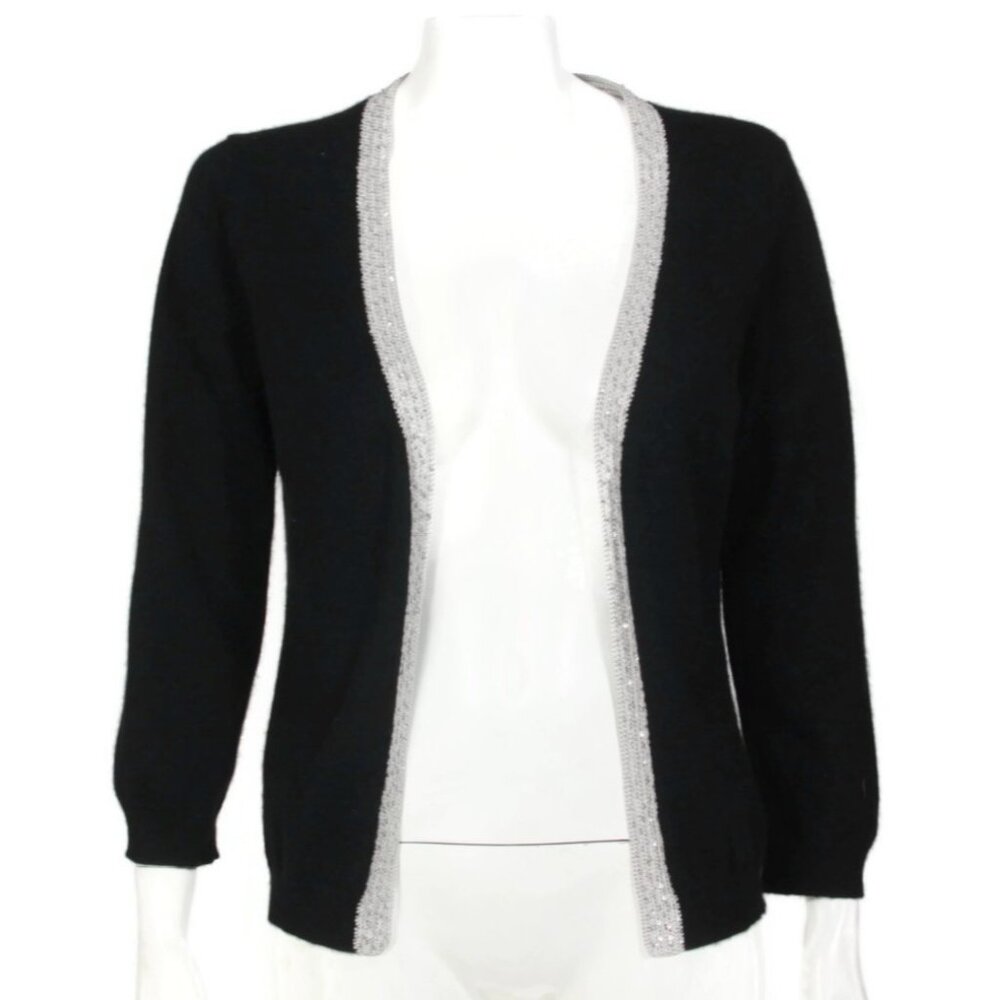BCBG 100% Cashmere Black Open Front Sequin Trim Cardigan Sweater sz M /474